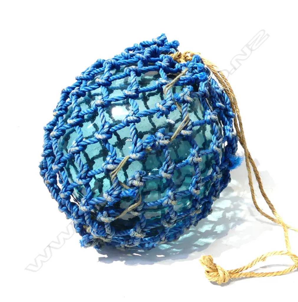 OLD GLASS FISHING FLOAT WITH NETTING APPROX DIA 340mm hand blown Image 1++