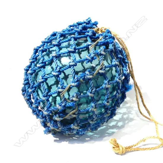 OLD GLASS FISHING FLOAT WITH NETTING APPROX DIA 340mm hand blown