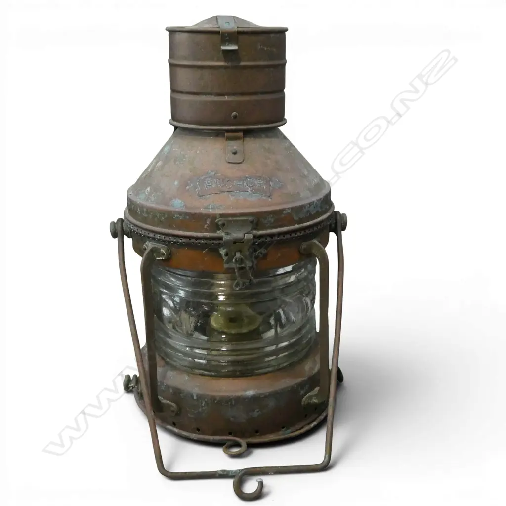 ANTIQUE LGE COPPER SHIP'S AT ANCHOR LIGHT over head swing handle. H.550mm Image 1++