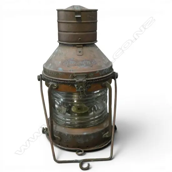 ANTIQUE LGE COPPER SHIP'S AT ANCHOR LIGHT over head swing handle. H.550mm