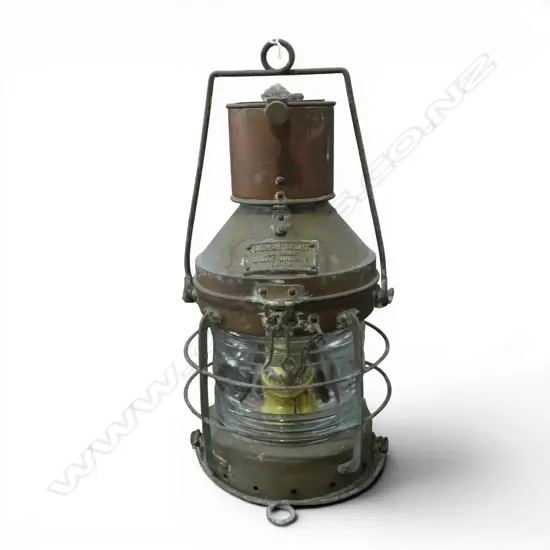 ANTIQUE BRASS SHIP'S AT ANCHOR LIGHT dated 1919. H.400mm