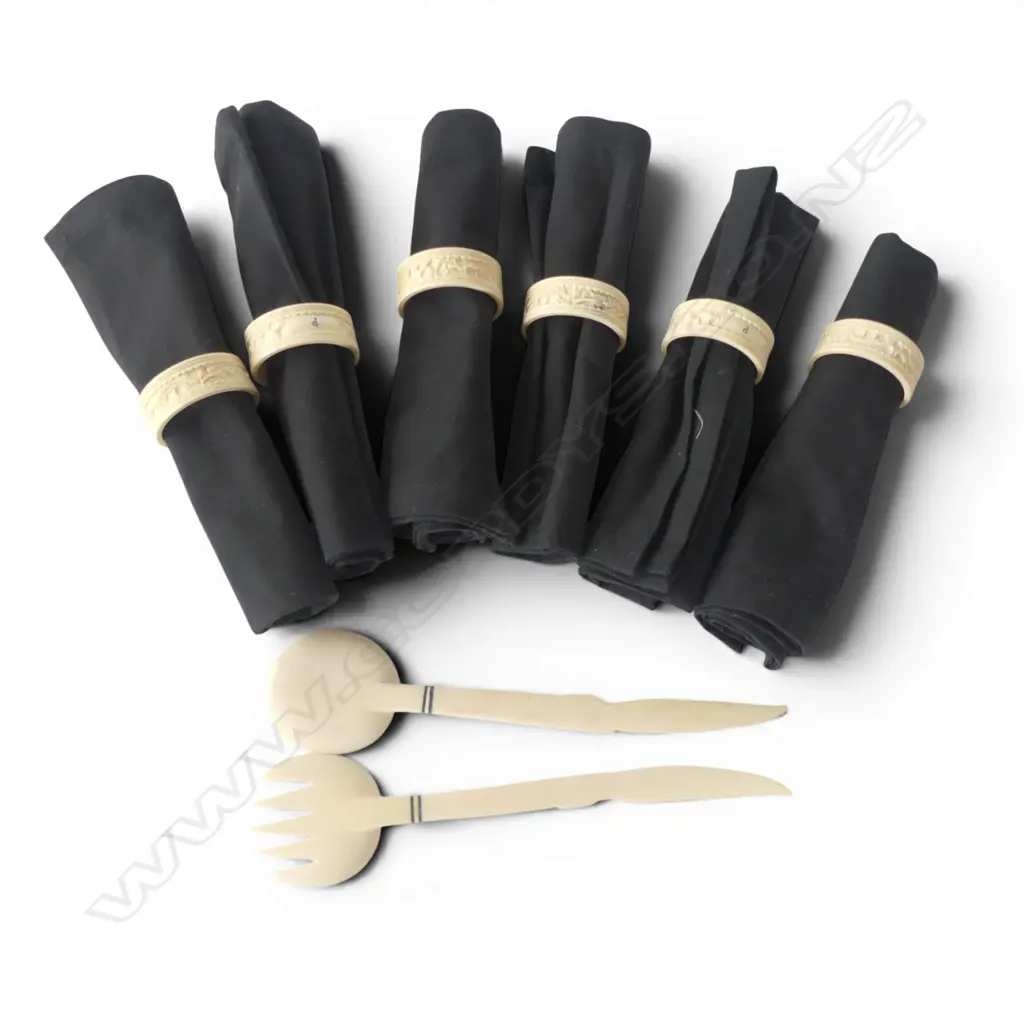 6 VINTAGE CARVED IVORY NAPKIN RINGS w. PR SERVING UTENSILS L.245mm Image 1++