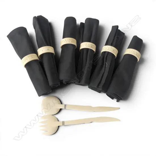 6 VINTAGE CARVED IVORY NAPKIN RINGS w. PR SERVING UTENSILS L.245mm