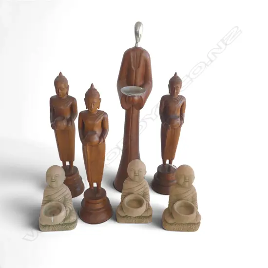 3 WOODEN BUDDHA H.360mm, 3 CONCRETE CHILDREN, ABSTRACT FIGURE