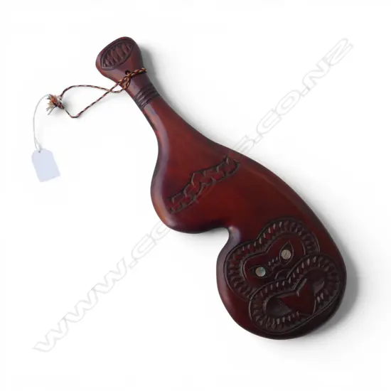 CARVED KAURI PATU w paua shell inserts, L.370mm