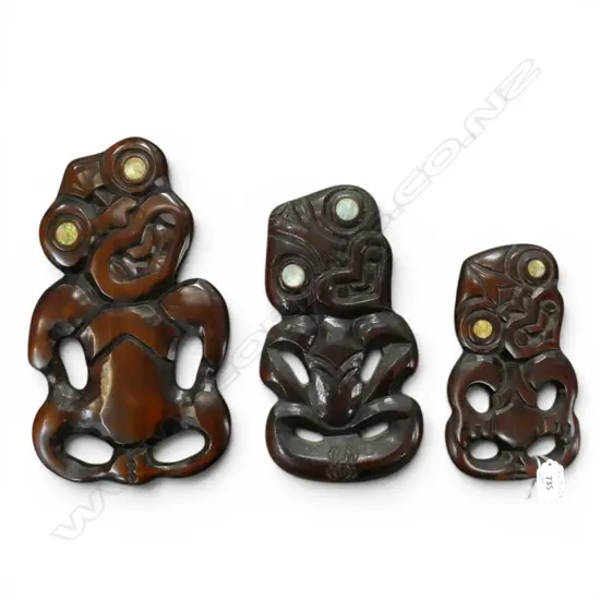 3 CARVED WOODEN TIKI, wall hanging w paua inserts, Rotorua school, H. 300,250,20mm