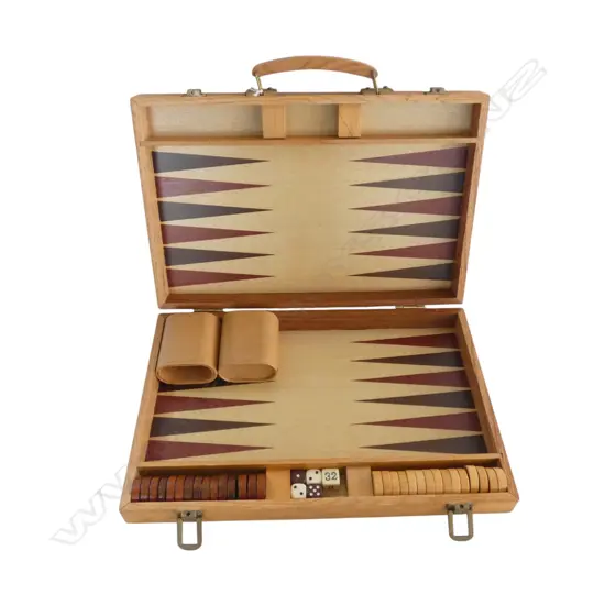 VINTAGE WOODEN BACKGAMMON SET COMPLETE, L.500MM W.3800MM
