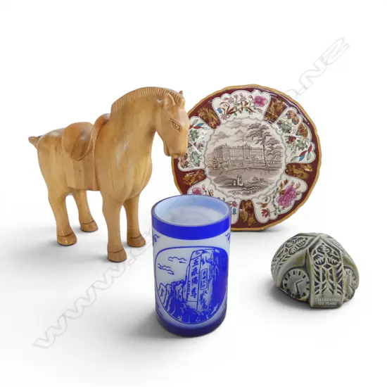 WOODEN TANG STYLE HORSE, MASONS PLATE, AUCKLAND UNI. 125 YR ANNIV. & OTHER ORIENTAL VASE