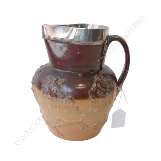 DOULTON STONEWARE HARVEST JUG w. STG SILVER RIM H.170mm handle repaired