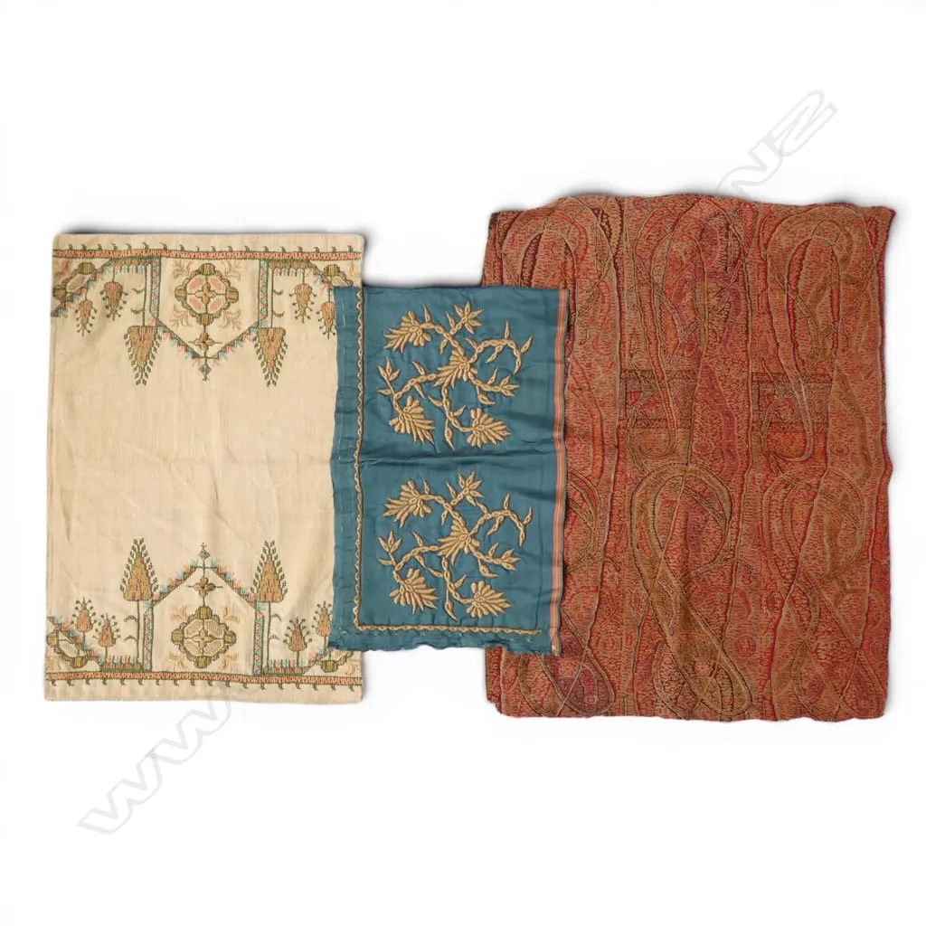 3 TEXTILE FRAGMENTS; 2 OTTOMAN EMBROIDERIES, KASHMIRI PAISLEY Image 1++