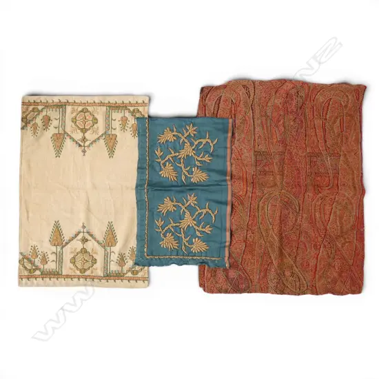 3 TEXTILE FRAGMENTS; 2 OTTOMAN EMBROIDERIES, KASHMIRI PAISLEY