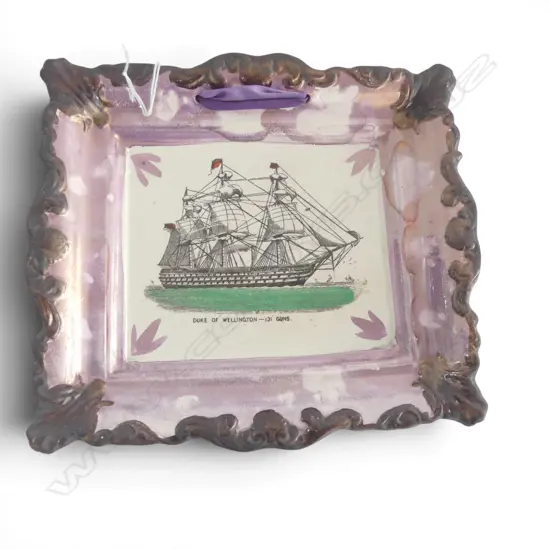 VICTORIAN SUNDERLAND PINK LUSTER DUKE OF WELLINGTON STEAM  BATTLESHIP WALL PLAQUE C1852 H213MM W235MM