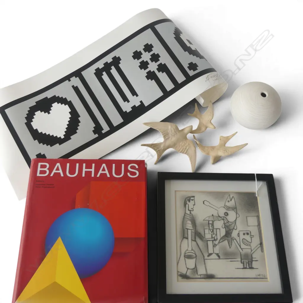 5 ITEMS; BAUHAUS BOOK, 3 BIRDS, PETER COLLIS VASE, FRIZZELL 'BEST BITS' 76/100, INITALLED ARTWORK ON FABRIC 190x190mm  Image 1++