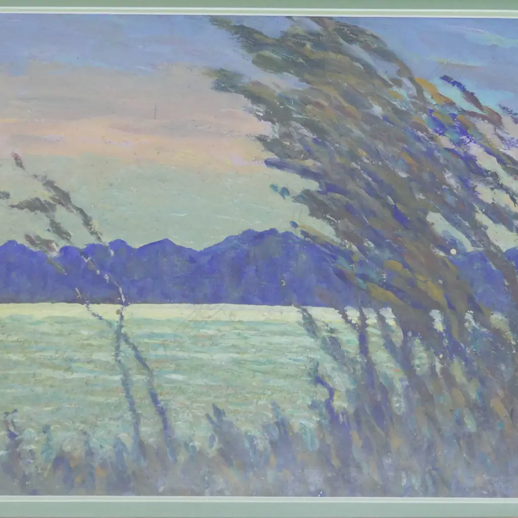 T. F. GALLAGHER, WINDSWEPT LAKESIDE MANAPOURI, OIL 355x430mm Image 1++