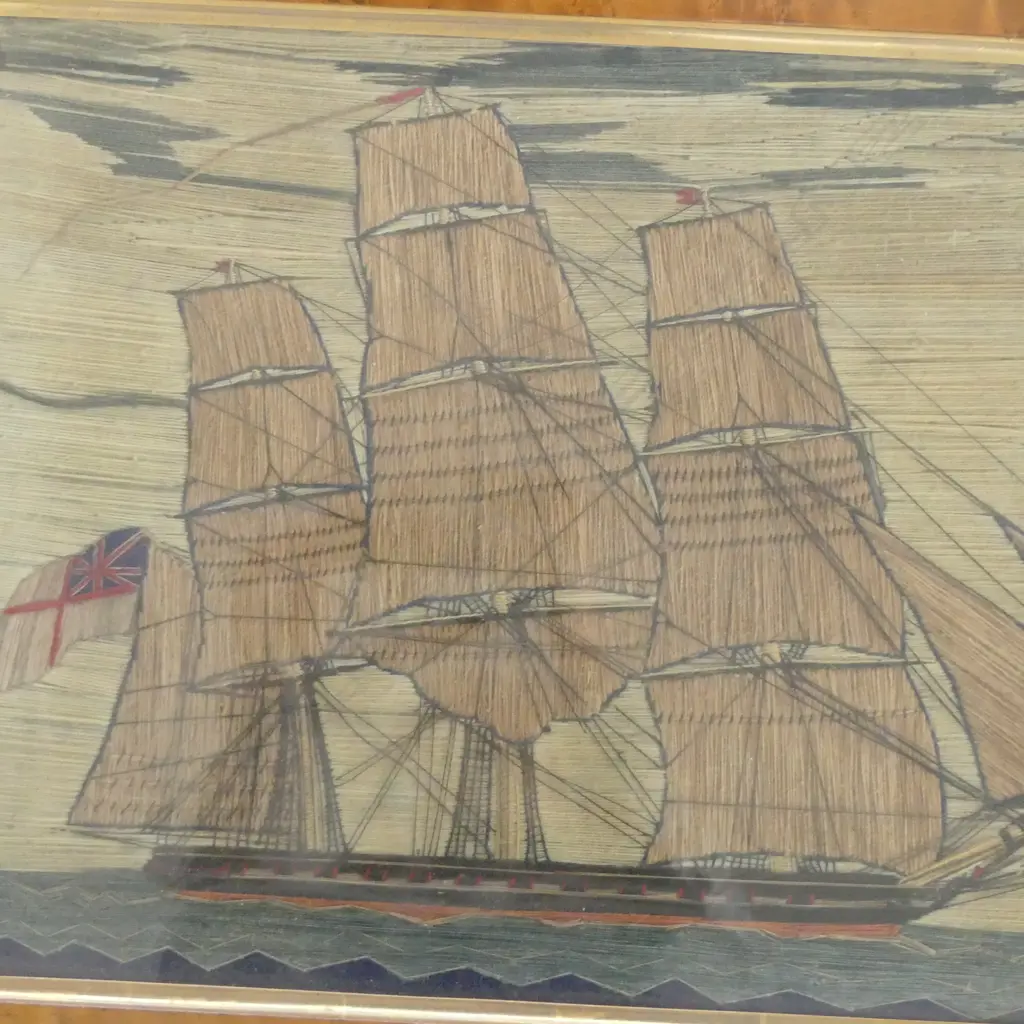 ANTIQUE WOOL WORK SAIL SHIP ARTWORK 360x550mm Image 1++