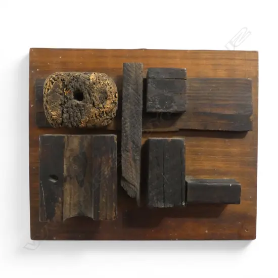 JOHN PERRY WOODEN ASEMBLAGE 310 X 460 MM SIGNED AND DATED OCT 1993 ON VERSO