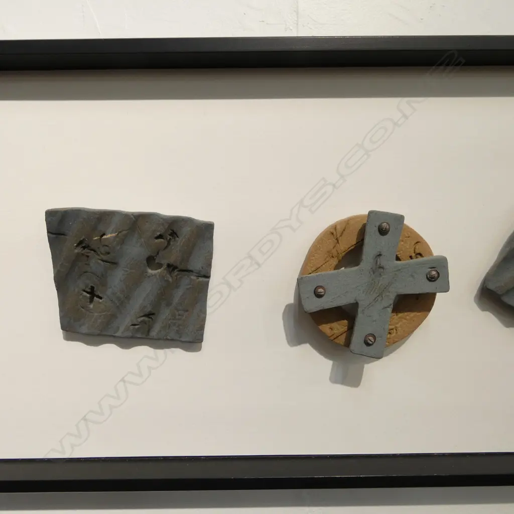 LINDA BRUCE, SIX CERAMIC FORMS (MOUNTED AND FRAMED), 140mm (DIAMETER EACH), 355 x 1340mm (OVERALL FRAME) Image 1++