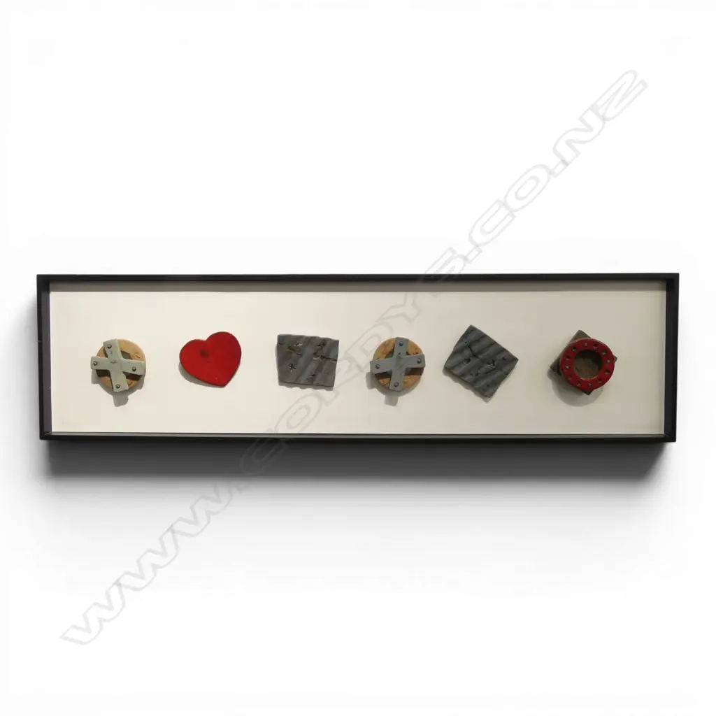 LINDA BRUCE, SIX CERAMIC FORMS (MOUNTED AND FRAMED), 140mm (DIAMETER EACH), 355 x 1340mm (OVERALL FRAME) Image 1++