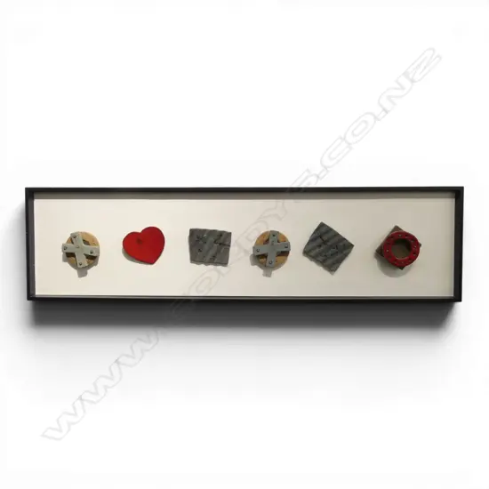 LINDA BRUCE, SIX CERAMIC FORMS (MOUNTED AND FRAMED), 140mm (DIAMETER EACH), 355 x 1340mm (OVERALL FRAME)