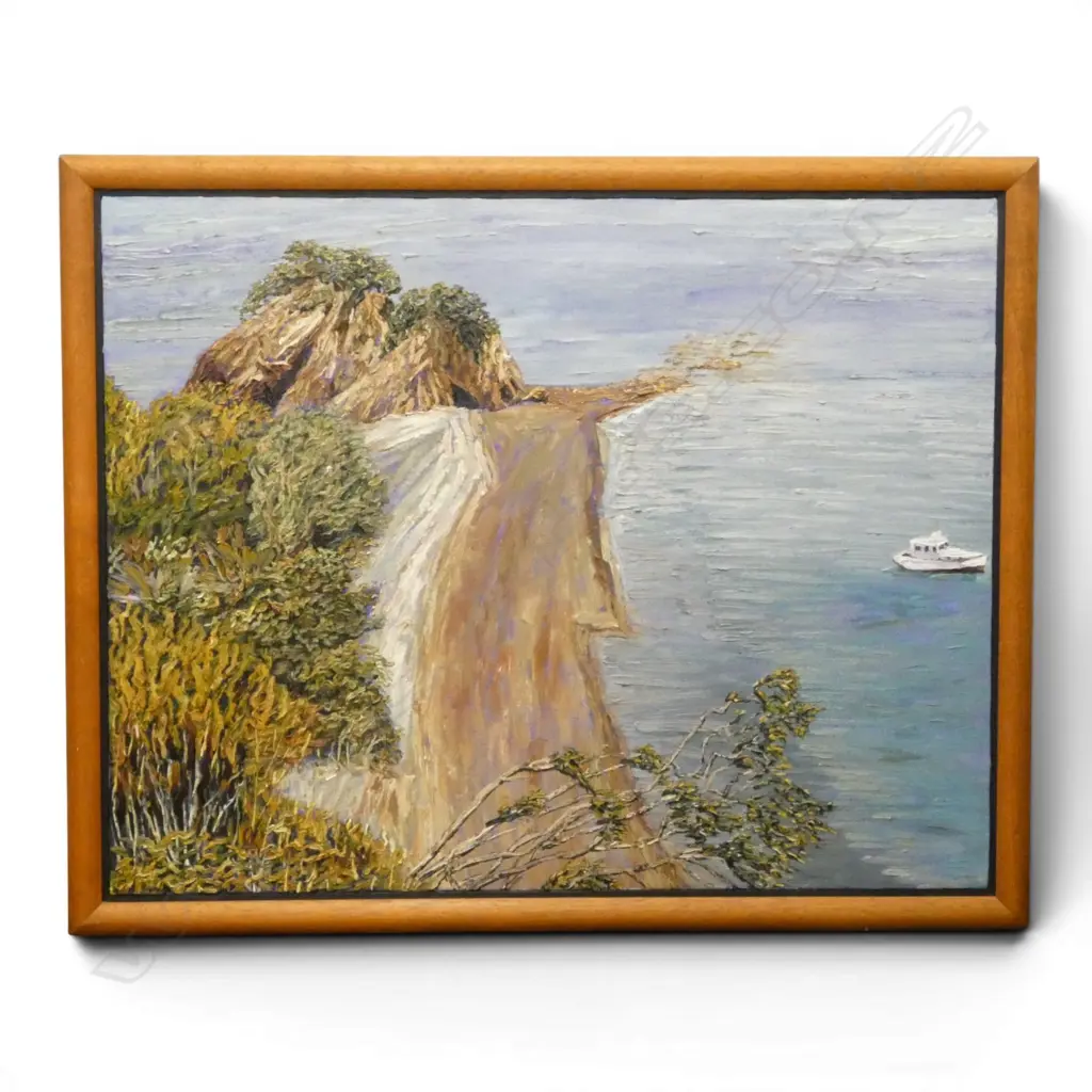 RUTH COLE 'HEADLAND, BOAT DEPARTING, HAURAKI GULF' ACRYLIC ON CANVAS, SIGNED & DATED 1988 VERSO, 555x710mm Image 1++