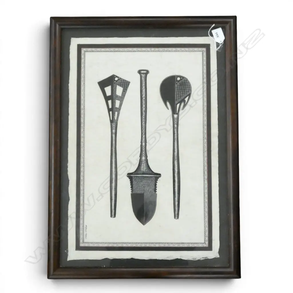 INK PAINTING ON TAPA of FIJIAN OLD HAND CLUBS signed Alieneti Milai ? 530 x 360mm. Framed under glass Image 1++