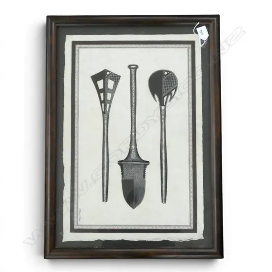 INK PAINTING ON TAPA of FIJIAN OLD HAND CLUBS signed Alieneti Milai ? 530 x 360mm. Framed under glass