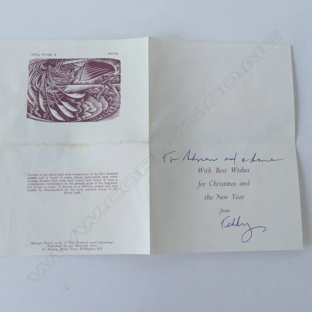 E. MERVYN TAYLOR 'TOE-TOE' MERMAID PRESS CHRISTMAS CARD SIGNED BY HIS WIFE TEDDY 100x145mm Image 1++