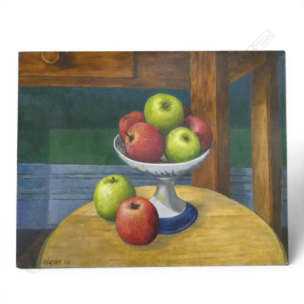 ROGER STAPLES, 'APPLES AND TABLES' OIL ON CANVAS, 405 X 510mm Image 1++