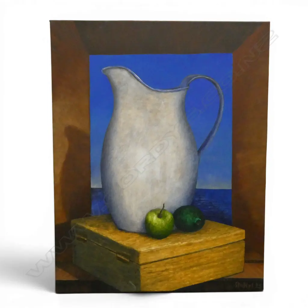 ROGER STAPLES, STILL LIFE (JUG & FRUIT), OIL ON CANVAS, 720 X 560mm Image 1++