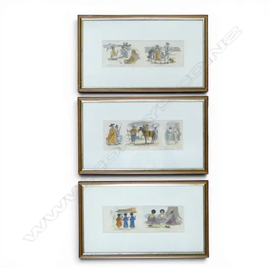 3 FRAMED VINTAGE HAND COOLOURED CARTOON STRIPS DEPICTING KOREAN SCENES 85x230mm