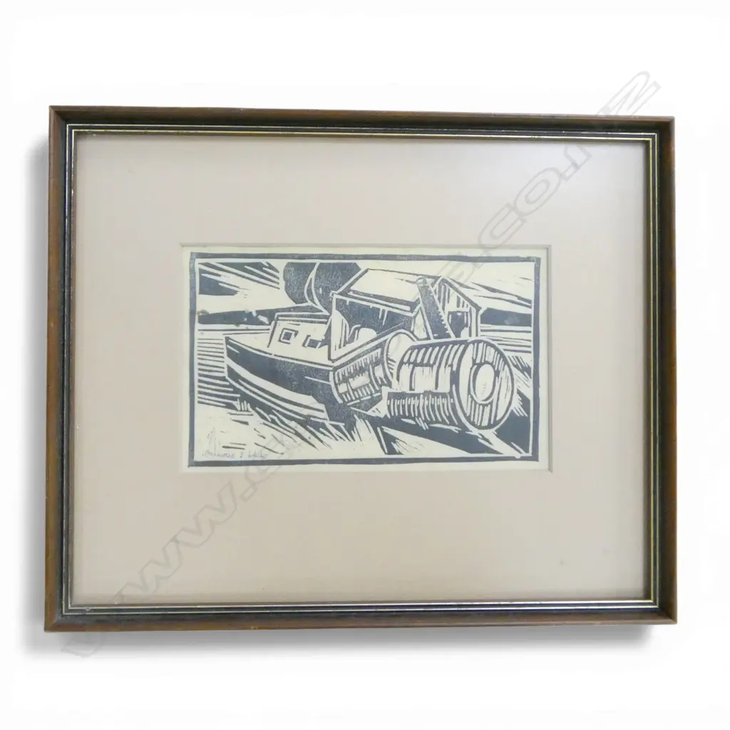 MINNIE WHITE Untitled (Wharf scene with boat) print of a woodcut signed 117 x 195mm. Note: This is not a woodcut Image 1++