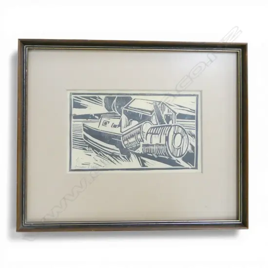 MINNIE WHITE Untitled (Wharf scene with boat) print of a woodcut signed 117 x 195mm. Note: This is not a woodcut