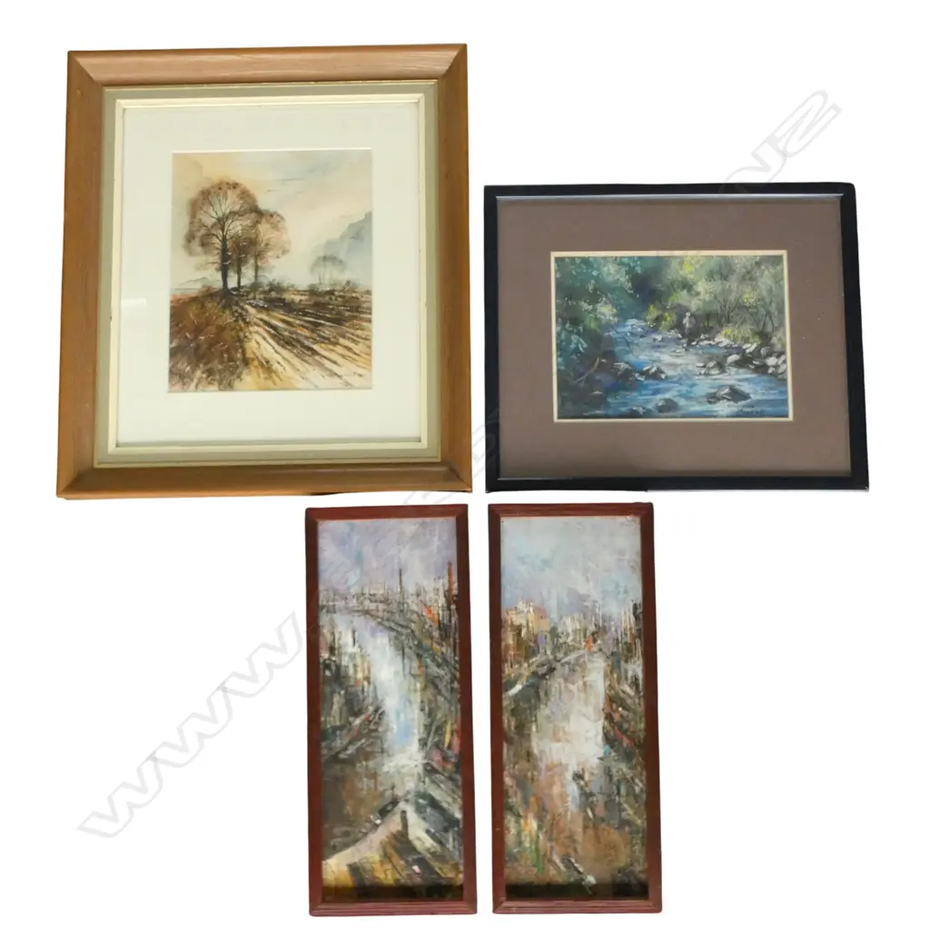 4 ARTWORKS; PR ABSTRACT CITY SCENES, JULIA BLACKLER 'WENTWORTH VALLEY' PASTEL, ROY BASKETT RURAL WC 240x195mm Image 1++