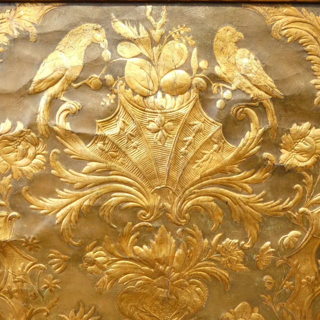 PR ANTIQUE EMBOSSED & GILDED LEATHER PANELS, FRAMED 670x560mm Image 1++