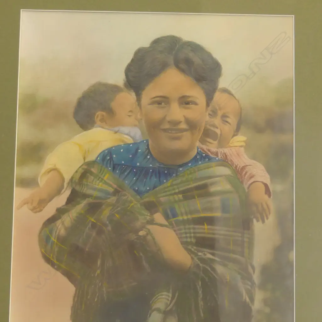 HAND COLOURED PHOTO PRINT OF MAORI WOMAN & CHILDREN 370x300mm Image 1++
