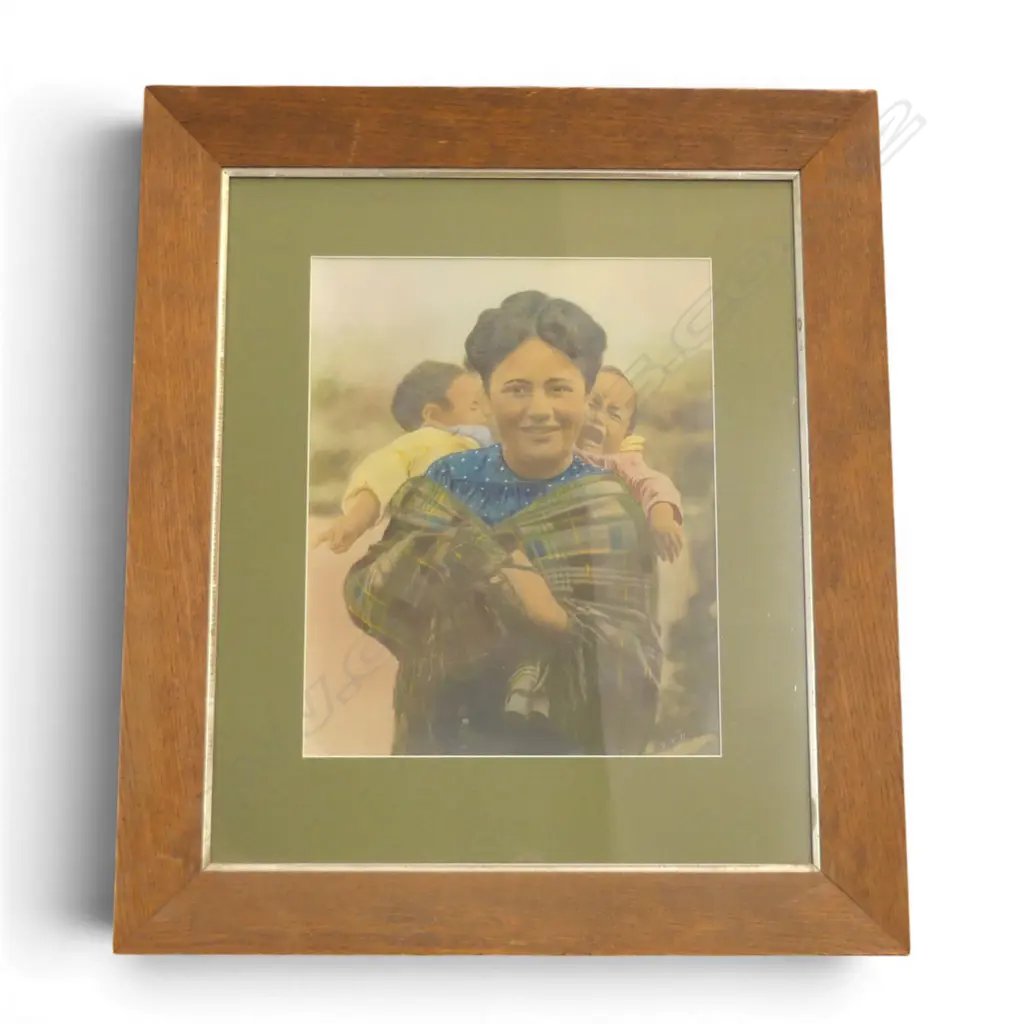 HAND COLOURED PHOTO PRINT OF MAORI WOMAN & CHILDREN 370x300mm Image 1++