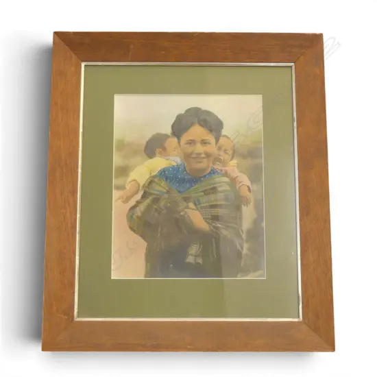 HAND COLOURED PHOTO PRINT OF MAORI WOMAN & CHILDREN 370x300mm