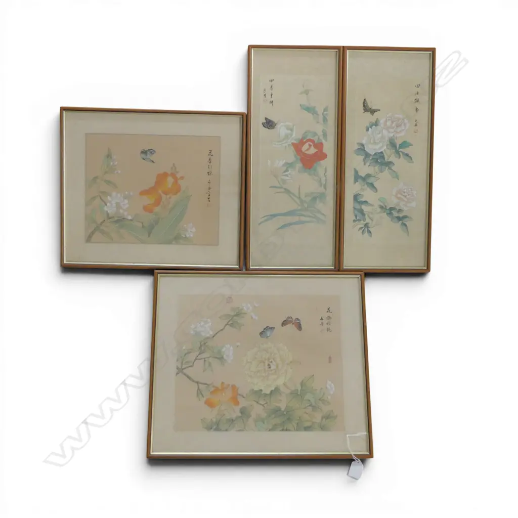 4 ORIENTAL FLORAL ARTWORKS ON SILK Image 1++