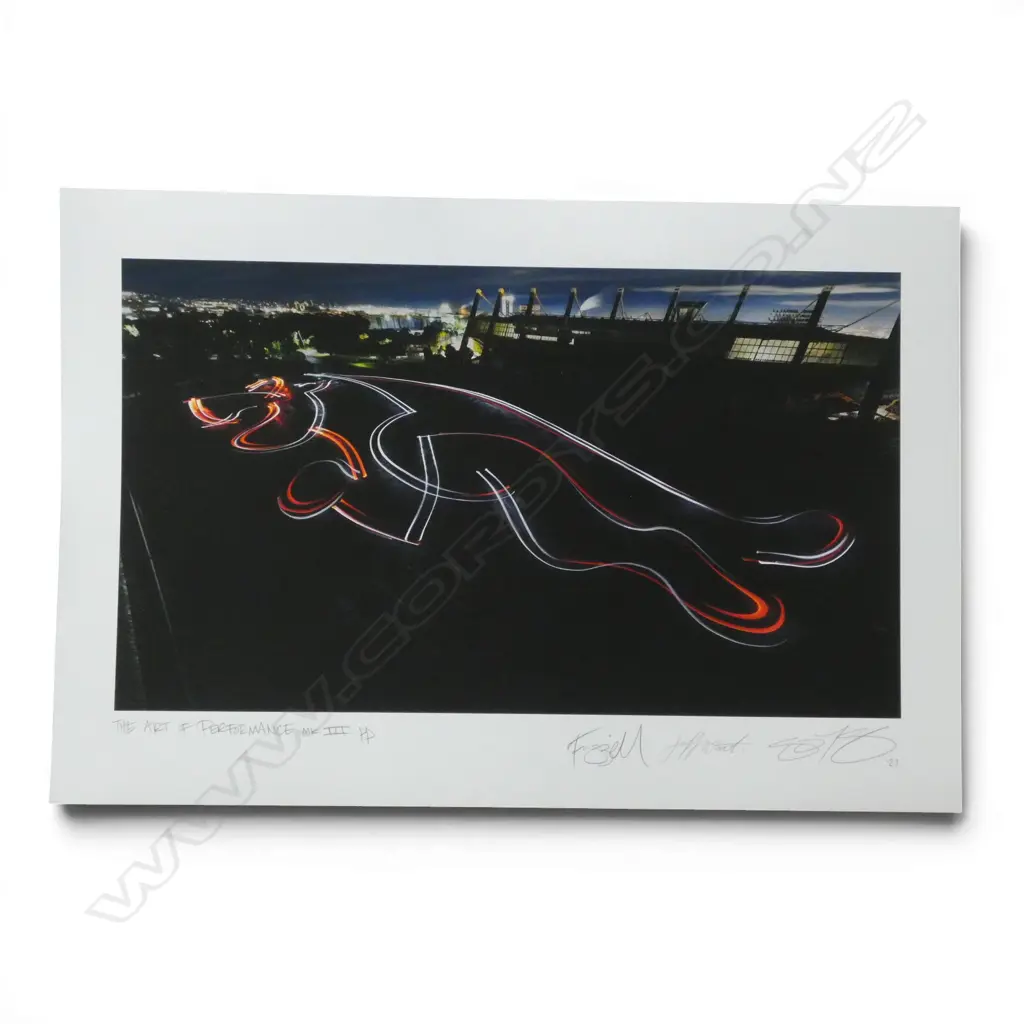 JAGUAR 'THE ART OF PERFORMANCE MKIII' COLAB JEFF WOOD, OTIS FRIZZELL, GREG MURPHY 2021 SIGNED BY ALL 385x570mm Image 1++