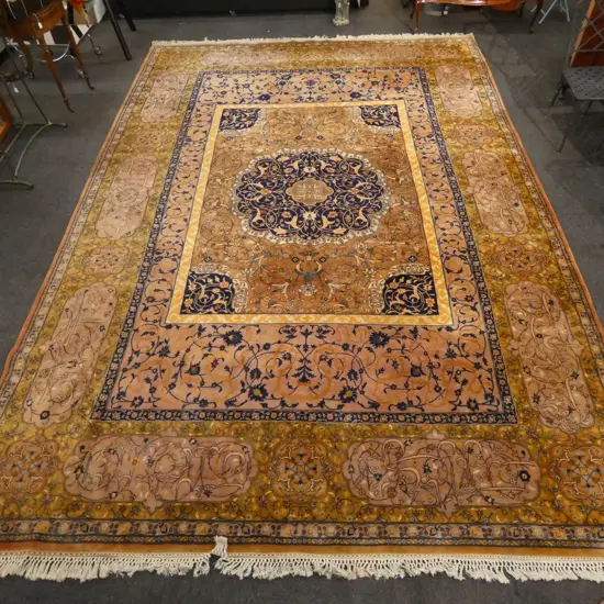 VERY LGE PERSIAN STYLE RUG w Islamic calligraphy. In soft green mauve brown & other tones. 4350 x 3070mm.