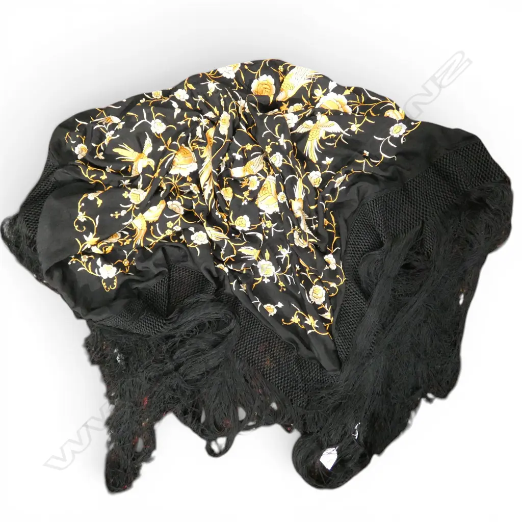 EMBROIDERED CANTON SHAWL apricot on black w. floral & bird pattern Image 1++