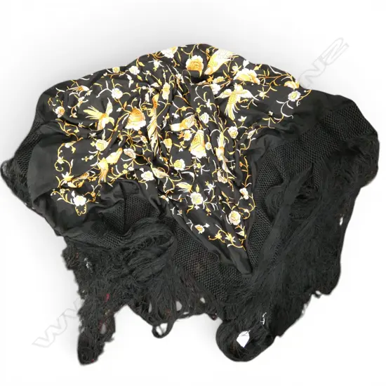 EMBROIDERED CANTON SHAWL apricot on black w. floral & bird pattern