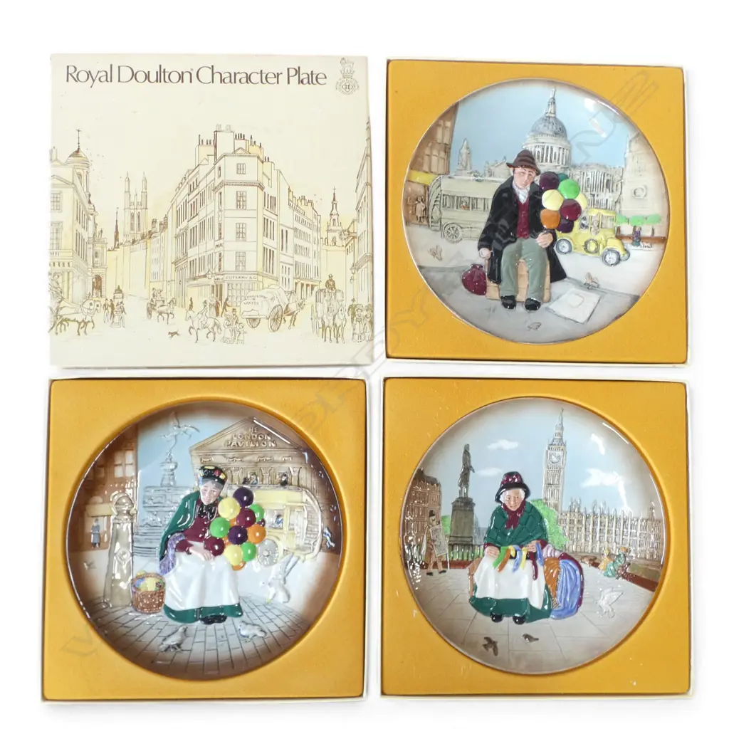 3 BOXED ROYAL DOULTON CHARACTER PLATES; balloon seller, balloon man & silks & ribbons Image 1++