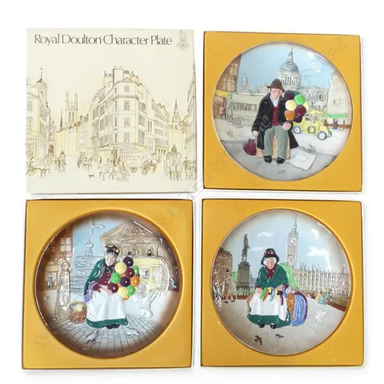 3 BOXED ROYAL DOULTON CHARACTER PLATES; balloon seller, balloon man & silks & ribbons
