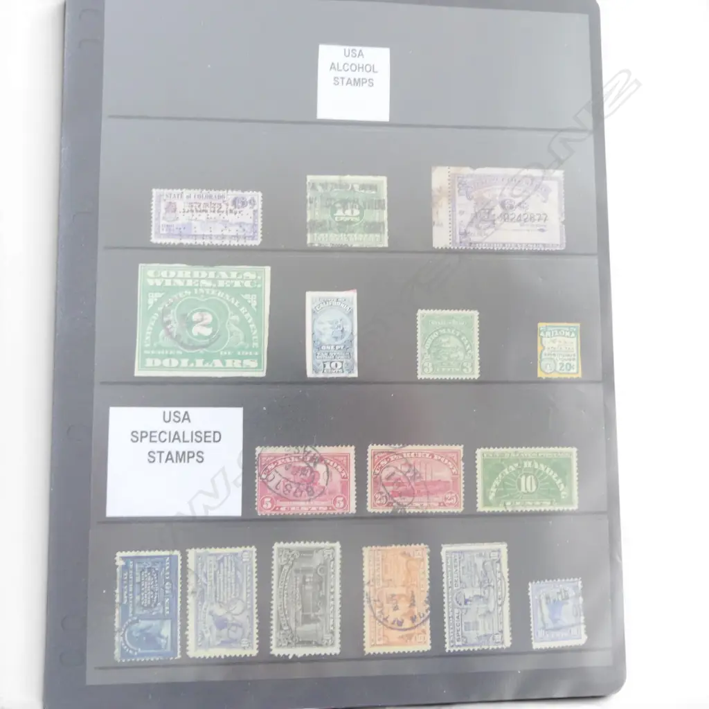 2 PAGES OF USA STAMPS; REVENUE / ALCOHOL ETC Image 1++