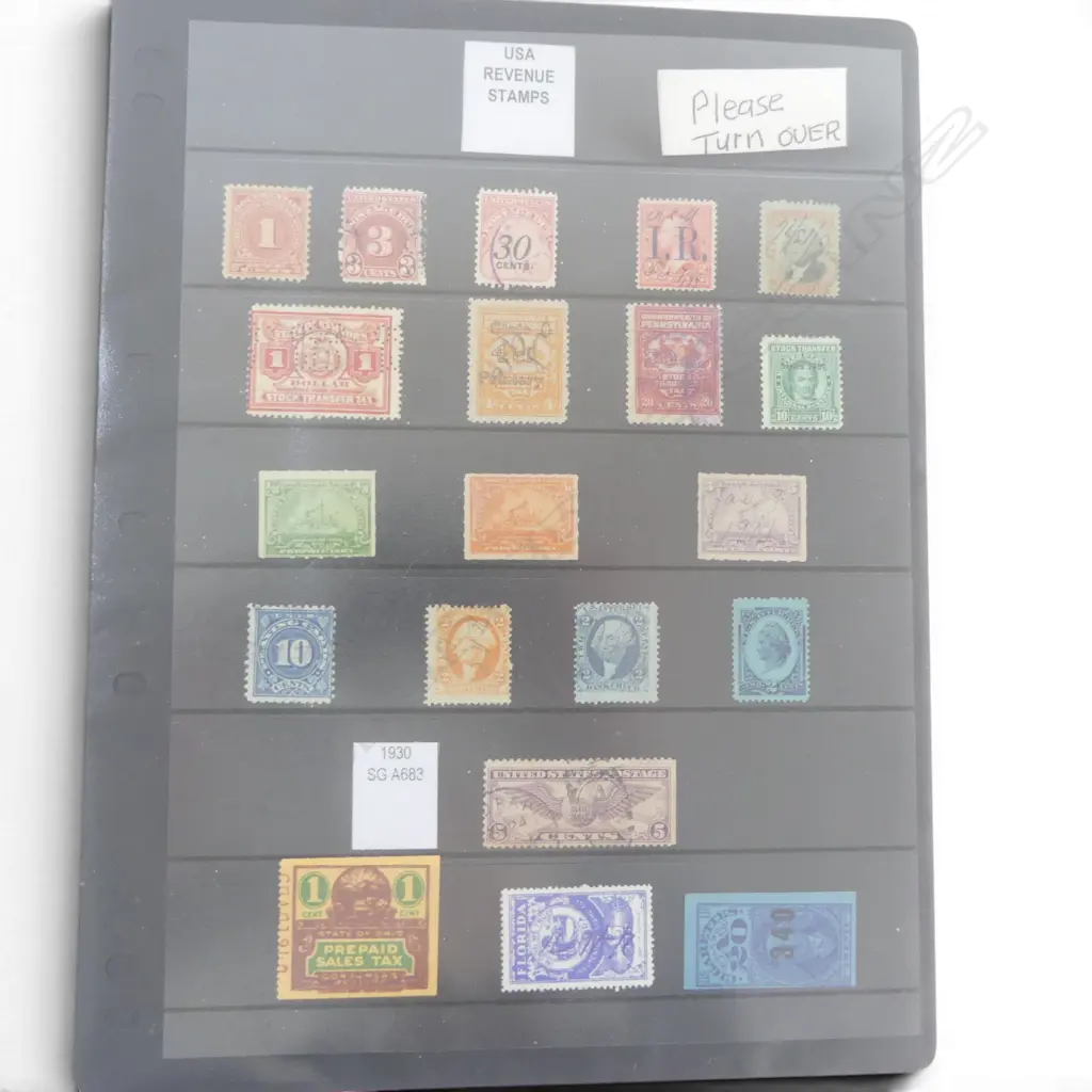 2 PAGES OF USA STAMPS; REVENUE / ALCOHOL ETC Image 1++