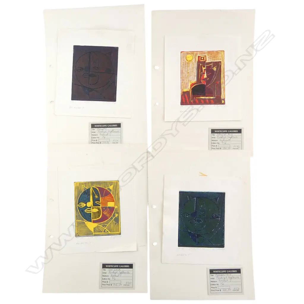4 unframed Henryk Szydlows 1985 kuru cut prints, each with corosponding Whitecliffe Galleries card, 188x168mm.... Image 1++