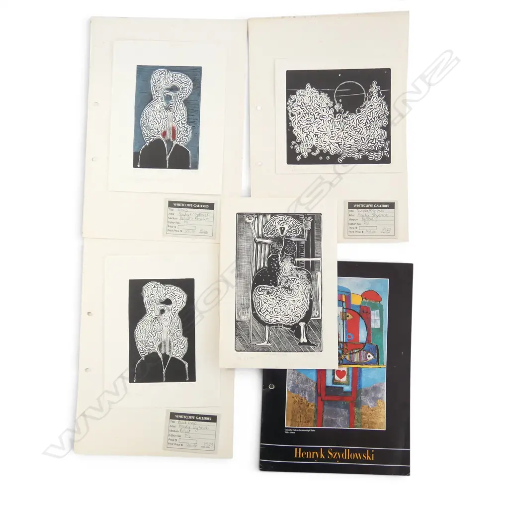 4 unframed Henryk Szydlows 1985 pol cut/kuru cut prints, three with corosponding Whitecliffe Galleries card... + booklet Image 1++