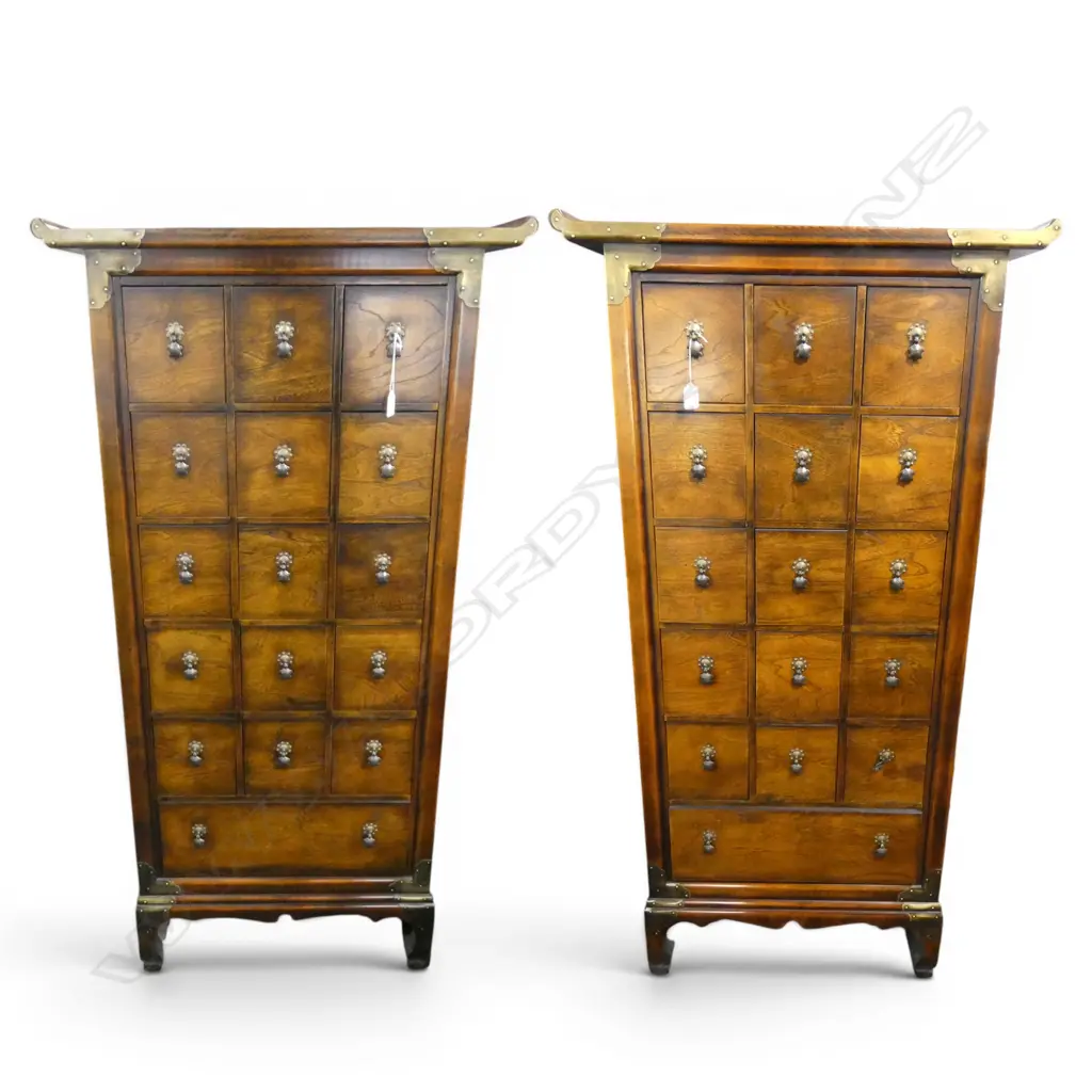 PR TALL NARROW CHINESE 16 DRAWER CHESTS brass fittings and turtle form drop handles 700 x 405 x 1390mm Image 1++