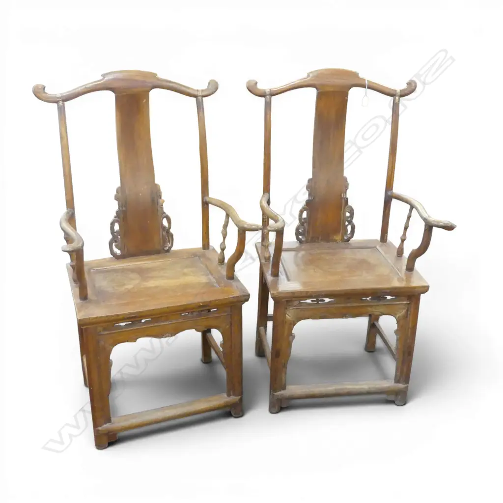 PR OLD CHINESE YOKE-BACK ARMCHAIRS panelled seats. Splat with restrained carving Image 1++